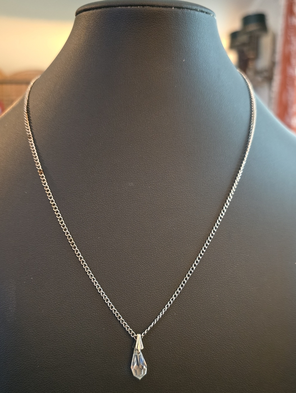 Silver Tone Necklace with Clear Crystal Pendant
